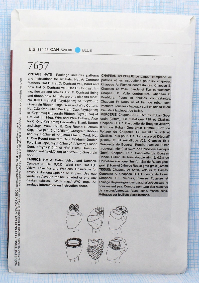 May include: Vintage hats pattern and instructions for six hats. Includes details for contrast feathers, veil, lining, flowers, and ribbon bow. All hats are one size fits most. The pattern includes fabric and notion requirements.