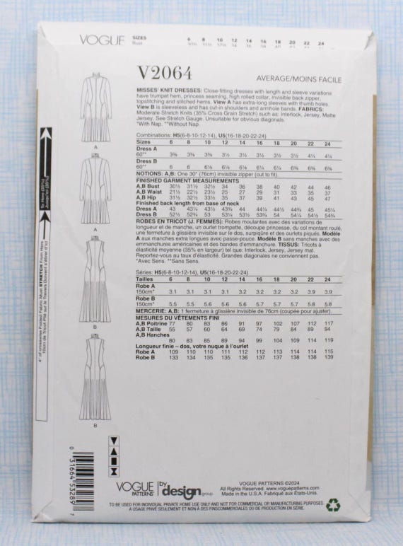 Vogue Sewing Pattern 2064, Misses' Close-fitting Knit Dresses