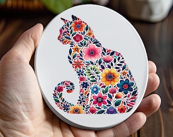 Floral Cat Ceramic Coaster: Flower Power Design