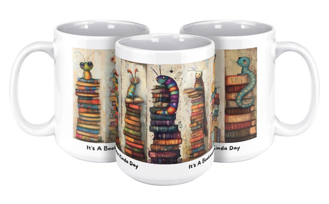 Bookworm Mug | Book Stack Worm Illustration | Reading Lover Gift | 15oz ...
