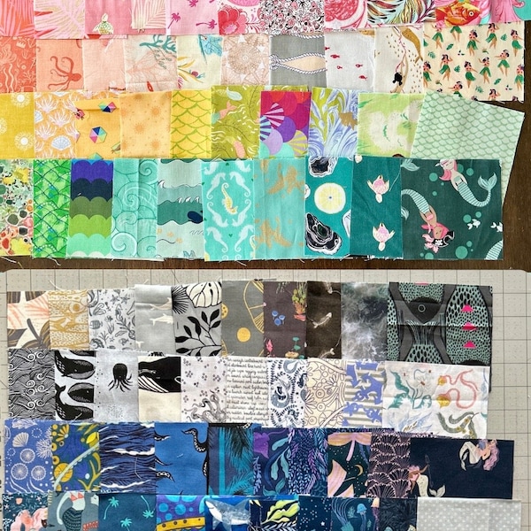 Pre cut 4.5” squares Ocean, Mermaids, beach, sea  and sea creatures, water related fabric prints quilting cotton (65 squares, 2 colorways)