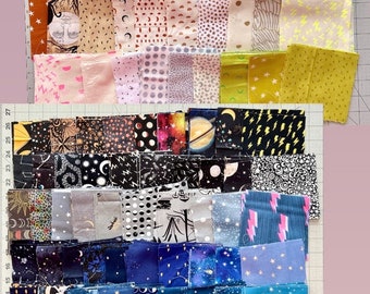 Precut 4.5” squares Space, moon, stars, lightning, sky, bats, fireflies, glow in the dark fabric prints
