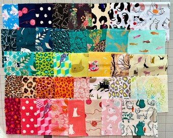 Pre cut 4.5” squares Cat and fish fabric prints quilting cotton 26 total