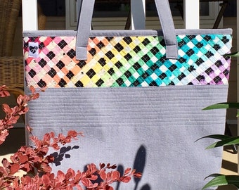 Woven Selvage Fabric Quilted Rainbow Ombre Tote Bag, travel bag