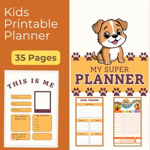 Può includere: Un'agenda stampabile per bambini da 35 pagine con un'illustrazione di un cucciolo. Le pagine includono testo come Kids Printable Planner, My Super Planner, This Is Me, Goal Tracker e Good Habits Tracker con sezioni per i dettagli.