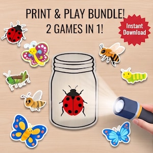 Può includere: Un pacchetto stampa e gioca con due giochi in uno. L'immagine mostra un'illustrazione centrale di un barattolo con una coccinella all'interno, circondata da vari adesivi di insetti come farfalle, un'ape e un bruco.