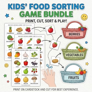 Può includere: Gioco di smistamento alimentare per bambini con fogli stampabili che mostrano illustrazioni di frutta, verdura e bacche. Include carte da ritagliare, tre cestini illustrati etichettati Berries, Vegetables e Fruits, e istruzioni per stampare, tagliare, smistare e giocare.