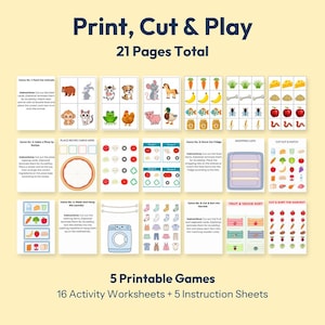 Può includere: Una raccolta di 21 pagine di attività stampabili con 5 giochi, tra cui nutrire gli animali, preparare la pizza, riempire il frigorifero, smistare il bucato e smistare il raccolto. Il set include 16 fogli di lavoro e 5 fogli di istruzioni con illustrazioni colorate di cibo, animali e vestiti.