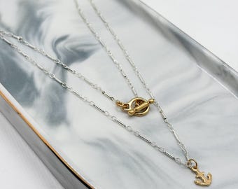 Double-wrap silver and gold anchor necklace: T-clasp, timeless necklace, unisex gift, unisex necklace