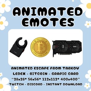 May include: Image features the text "ANIMATED EMOTES" above a black device, a gold Bitcoin coin, and a black graphic card. Below, text reads "ANIMATED ESCAPE FROM TARKOV LEDEX - BITCOIN - GRAPIC CARD". The background is light blue with white flower accents.