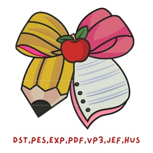 Back to School Bow Embroidery Design: Apple, Pencil, Notebook (4 Sizes)