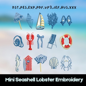 15 Tiny Coastal Machine Embroidery Design Elements, Chinoiserie Blue and White Mini Seashell Lobster Bow Digital file, 6 sizes