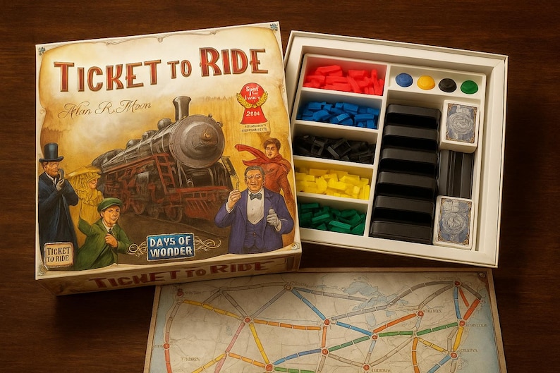 Pu&ograve; includere: Il gioco da tavolo "Ticket to Ride" &egrave; mostrato aperto, rivelando pezzi del gioco e una mappa. L'illustrazione della scatola presenta un'illustrazione di treno vintage e il testo "Ticket to Ride". All'interno, ci sono pezzi di treno rossi, blu, neri, gialli e verdi.