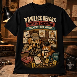 May include: A black t-shirt featuring a graphic of a dog and cat detective scene. The text reads PAWLICE REPORT: TREATS MISSING. SUSPECTS FOUND NAPPING. The illustration includes a dog with a magnifying glass, a cat with a mustache, and evidence markers.