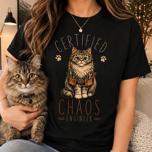 May include: A black t-shirt featuring a graphic of a fluffy tabby cat wearing safety goggles and a tool belt. The text above the cat reads "CERTIFIED" and the text below reads "CHAOS ENGINEER" with two paw prints on either side of the cat's head.