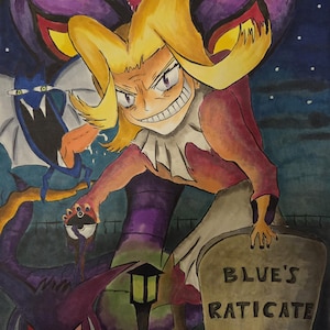 handmade *NOT PRINTED* pokemon poster in A3 carton paper featuringAgatha of the elite 4 along with her Gengar, Arbok and Golbat