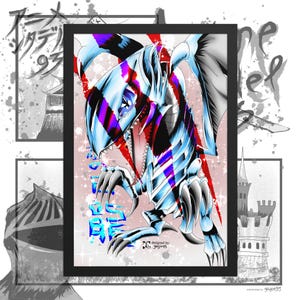 Poster incorniciato – Drago bianco feroce disegnato a mano con artiglio tagliato e sfondo di kanji giapponesi / Arte murale con creatura fantasy
