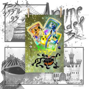 Pôster ilustrador de Pikachu – Fan Art de Pokémon desenhado à mão com designs de cartas vintage – Impressão nostálgica limitada