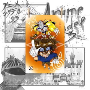 Handdrawn Anime Duo Poster – Digital Monster Partner & Fiery Dragon Warrior – Japanese Style Wall Art – Nostalgic Anime Print