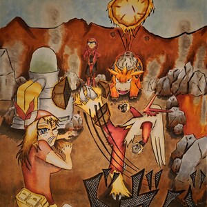handmade *NOT PRINTED* pokemon poster in A3 carton paper. It shows May along with her Blaziken fighting Team Magma leader Maxie's Camerupt.