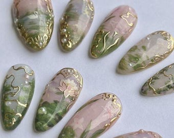 Gold Ornate Japanese Press on Nails, Pink & Green Botanical Painting Nails, Elegant Victorian Garden Nails, Reusable Luxury Nail Art