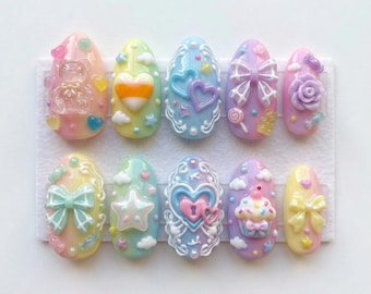 Cute Pastel Press Ons with 3D Candy Bunny Bear Design, Japanese Style Nail Art Set