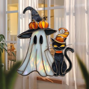 Ghost and Black Cat Acrylic Suncatcher – Halloween Window Hanging with Witch Hats & Pumpkins, Spooky Cute Fall Decor in Stained Glass Style