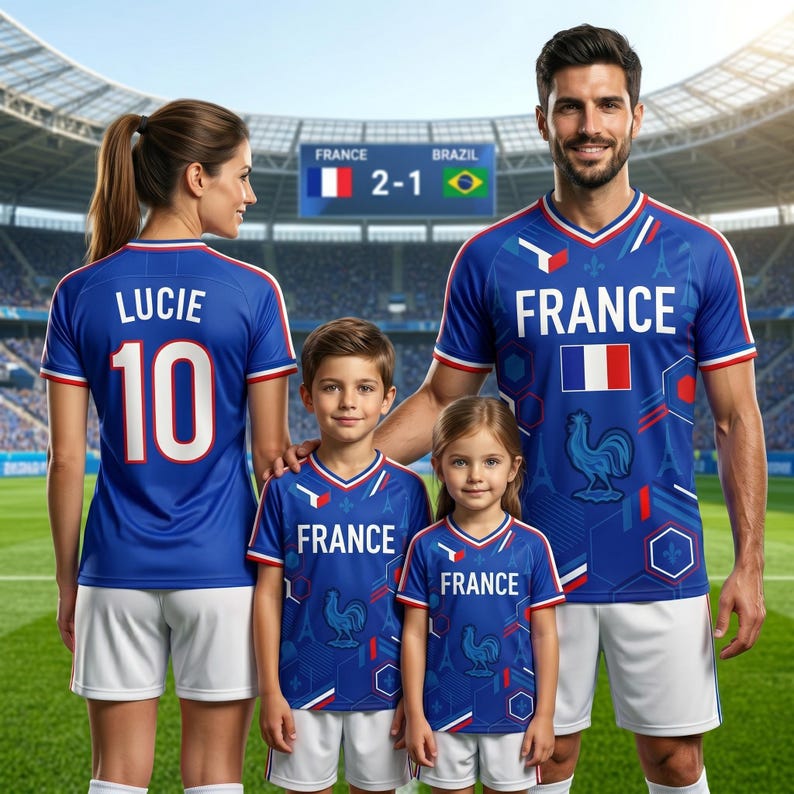 May include: A family of four wearing matching blue soccer jerseys with the word "FRANCE" and a rooster graphic. The jerseys have red and white accents. The scoreboard in the background shows France 2, Brazil 1.