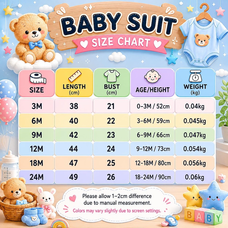 May include: A baby suit size chart featuring a light blue onesie with a teddy bear graphic. The chart displays columns for size, length in cm, bust in cm, age/height, and weight in kg for sizes 3M to 24M. Text includes BABY SUIT SIZE CHART.