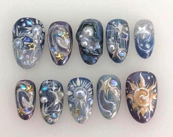 Celestial Sun and Moon Press on Nails, Dark Blue Galaxy 3D Star Nails with Pearls, Japanese Twinkle Star Almond Nails, Gothic Nail Art