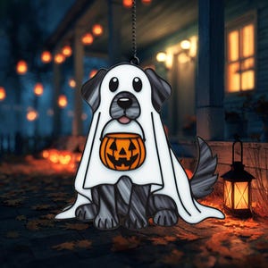 Halloween Dog Ghost Suncatcher with Pumpkin Pail – Cute Acrylic Window Hanging for Fall Decor, Spooky Puppy Ornament for Autumn Lovers