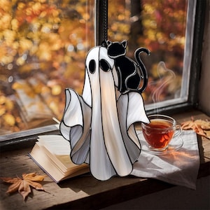 Ghost and Black Cat Acrylic Suncatcher – Cozy Halloween Window Hanging, Spooky Autumn Decor with Stained Glass Style for Witchy Vibes