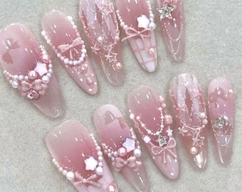Soft Pink Plaid Press on Nails, Japanese Kawaii 3D Bow Nails with Pearl Chains, Luxury Ribbon Almond Nails, Reusable Custom Nail , Handmade