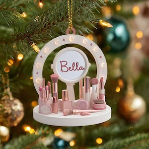 Personalisierte Make-up-Weihnachtsverzierung für Schönheitsliebhaber, individueller Name, Acryl-Urlaubsdekor, niedliches Kosmetikgeschenk für Make-up Artist