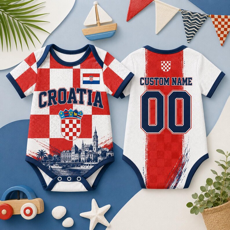 May include: Two baby bodysuits featuring a red and white checkered pattern. The front displays the text CROATIA, a small Croatian flag, a coat of arms, and a coastal city illustration. The back features the text CUSTOM NAME and the number 00.