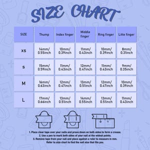 May include: A size chart for nail sizes, with measurements in inches and millimeters. The chart is divided into columns for each finger and rows for sizes XS to L. Instructions for measuring nails are at the bottom.