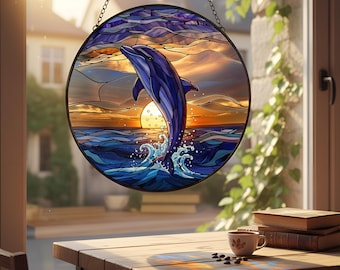 イルカのステンドグラスアートパネル - 海の波のデザイン円形窓掛け