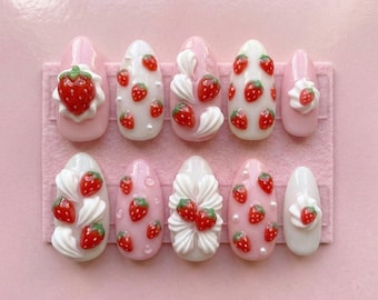 Strawberry Press On Nails, Pink Cream Gel Nails, Handmade Kawaii Fruit Nail Set, Cute Summer Fake Nails, Birthday Gift