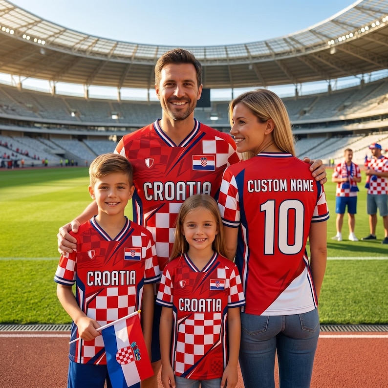 May include: A family of four wearing red and white checkered Croatia soccer jerseys, posing in a stadium. The jerseys have the word "CROATIA" printed on the front. The woman's jersey has "CUSTOM NAME" and the number "10" on the back. One child holds a Croatian flag.