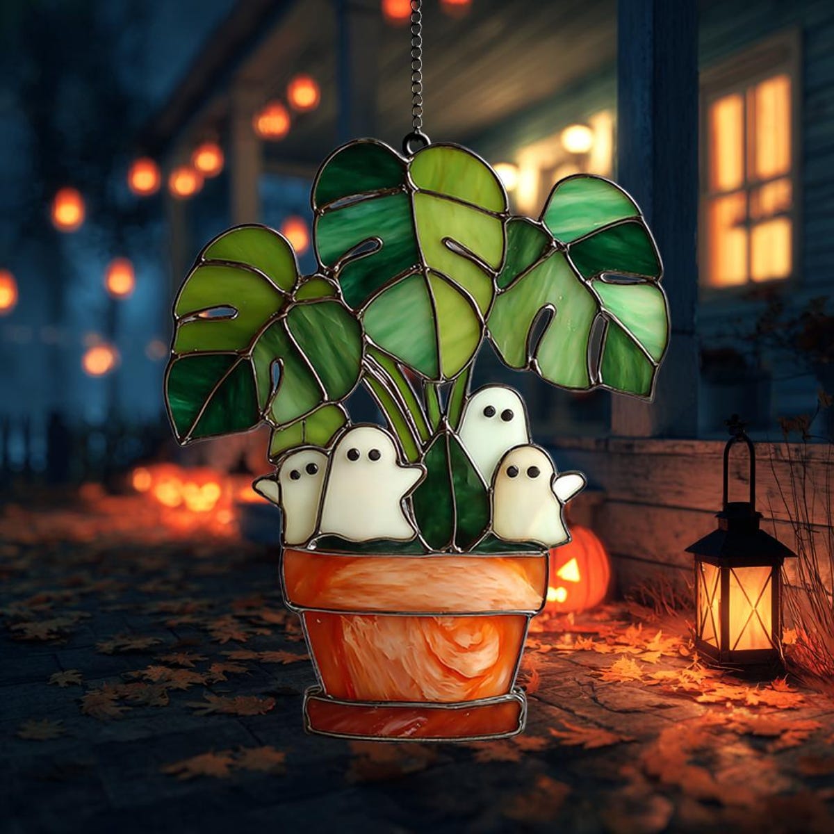 Monstera Plant Ghost Suncatcher – Cute Acrylic Halloween Window Decor – Ghosts in Potted Plant for Spooky Botanical Vibes
