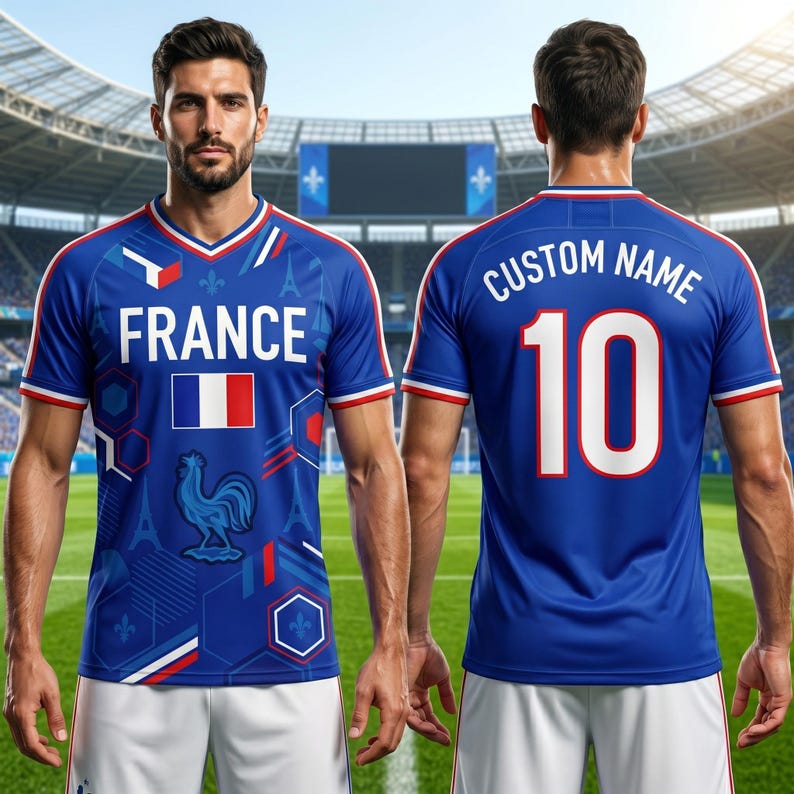May include: Blue soccer jersey with the word "FRANCE" and a French flag graphic. The jersey features a rooster emblem and geometric patterns. The back of the jersey has the text "CUSTOM NAME" above the number 10.