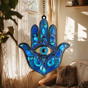 Hamsa Hand Acrylic Suncatcher | Blue Evil Eye Window Hanging | Spiritual Home Decor | Boho Protection Ornament | Mystical Art Gift