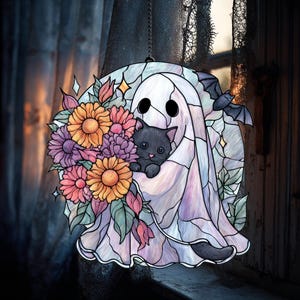 Halloween Ghost with Cat Suncatcher, Floral Acrylic Hanging Window Decor, Stained Glass Look Fall Decoration for Witchy Home