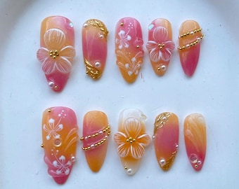 Tropical Flower Press On Nails, Pink Orange Ombre Nails, 3D Floral Pearl Gold Nail Set, Summer Vacation Beach Nails Handmade