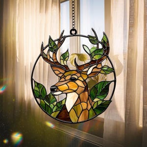 Woodland Deer Acrylic Suncatcher | Antlered Animal in Leafy Frame | Stained Glass Style Hanging Window Art | Rustic Cabin Decor