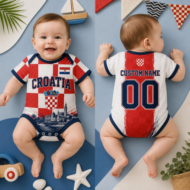 May include: A baby bodysuit featuring a red and white checkered pattern, the text CROATIA, a national crest, and a coastal city graphic on the front. The back displays the text CUSTOM NAME above the number 00 in a red and white checkered stripe.
