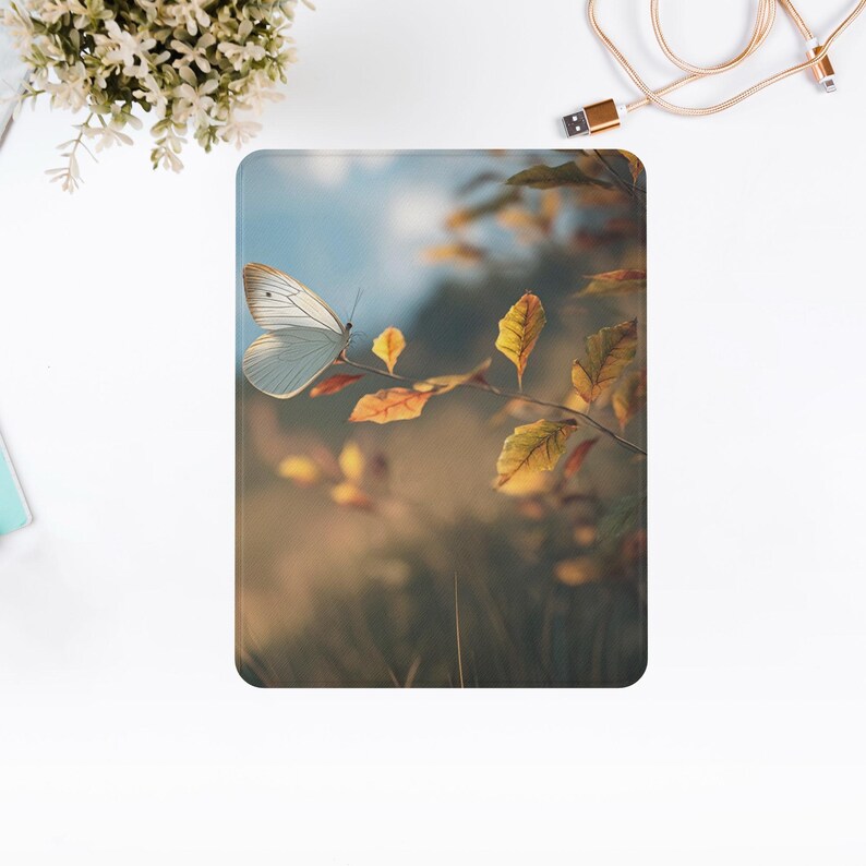 White Butterfly Art iPad Case: Nature Style Vegan Leather Cover image 6