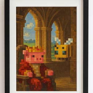 Pixel Art Royal Pig Canvas Painting – Minecraft-Inspired Medieval Throne Room Scene | Gamer Fantasy Wall Art (Unframed)