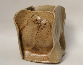 Ceramic Dove Vase, Pair of Pigeons, Love Birds, Art Doves, One Of A Kind, Porcelain Mixed with White Spotted Clay