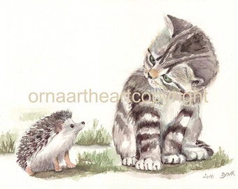 Kitten and Hedgehog Are Making Acquaintance, Childrens Room Decor